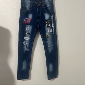 Women’s QS Size 28” Jeans Blue Graphic Skinny Jeans with Distressed Details